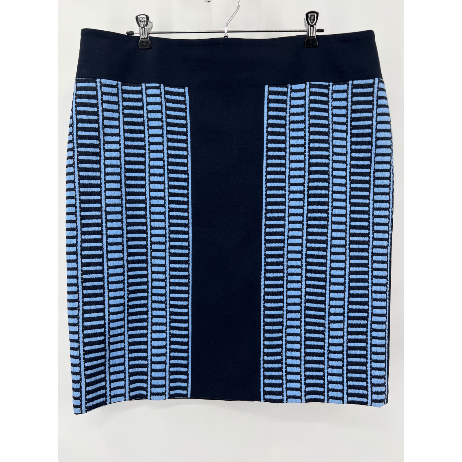 Doncaster Collection Navy Blue Geometric Textured Pencil Skirt Womens 16 Stretch